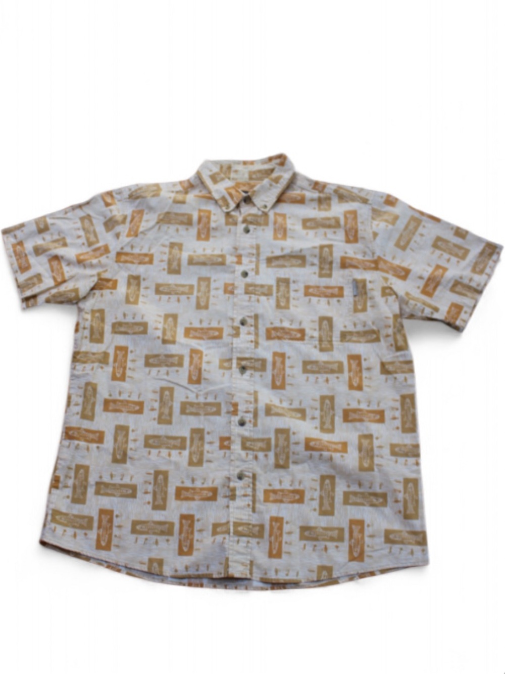 Woolrich size L Men's Short-Sleeve Printed Button-Up Shirt - Cream & Tan